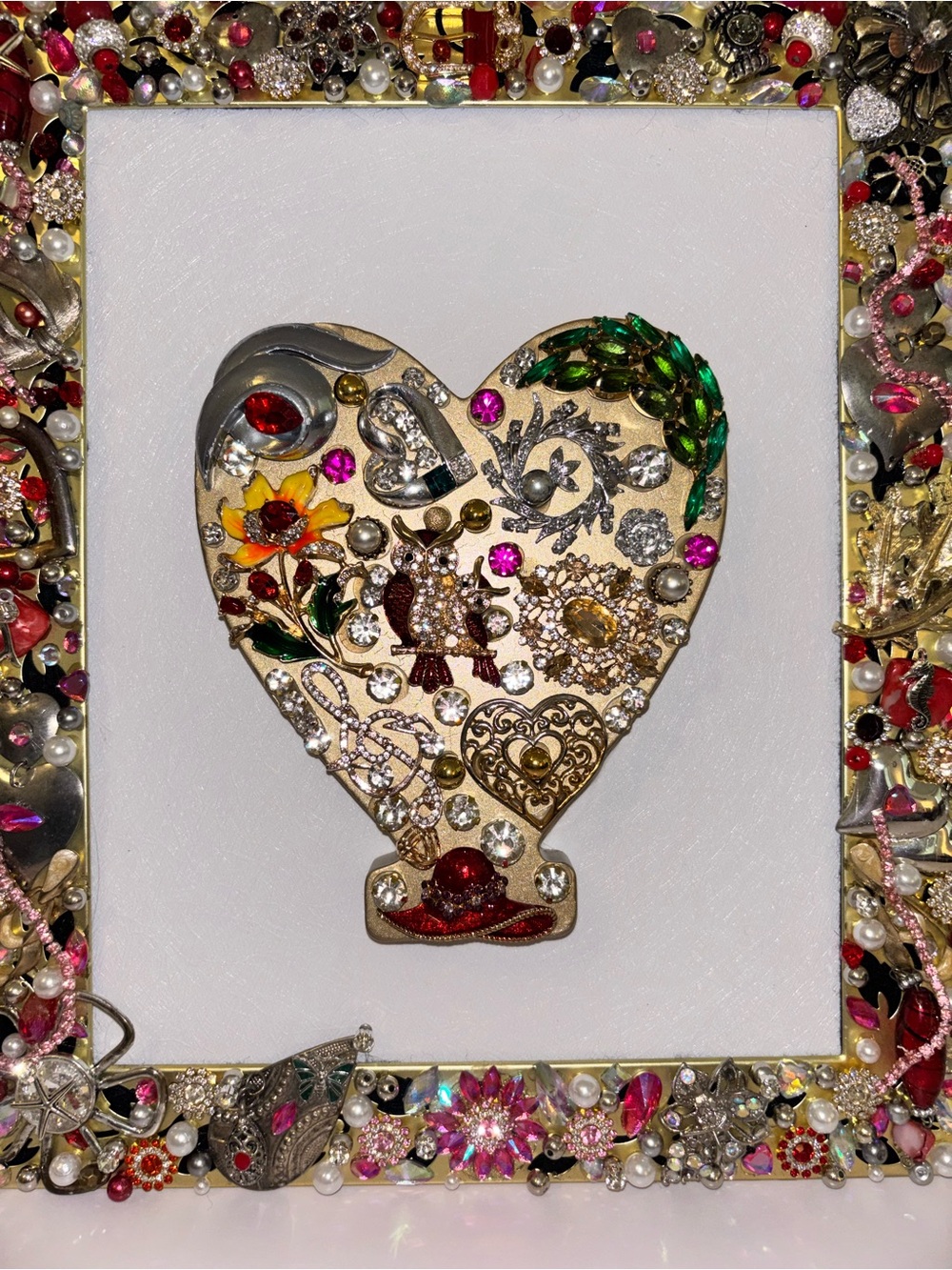 Embellished Heart Jewelry Art - Mixed Color Rhinestones & Vintage Brooches